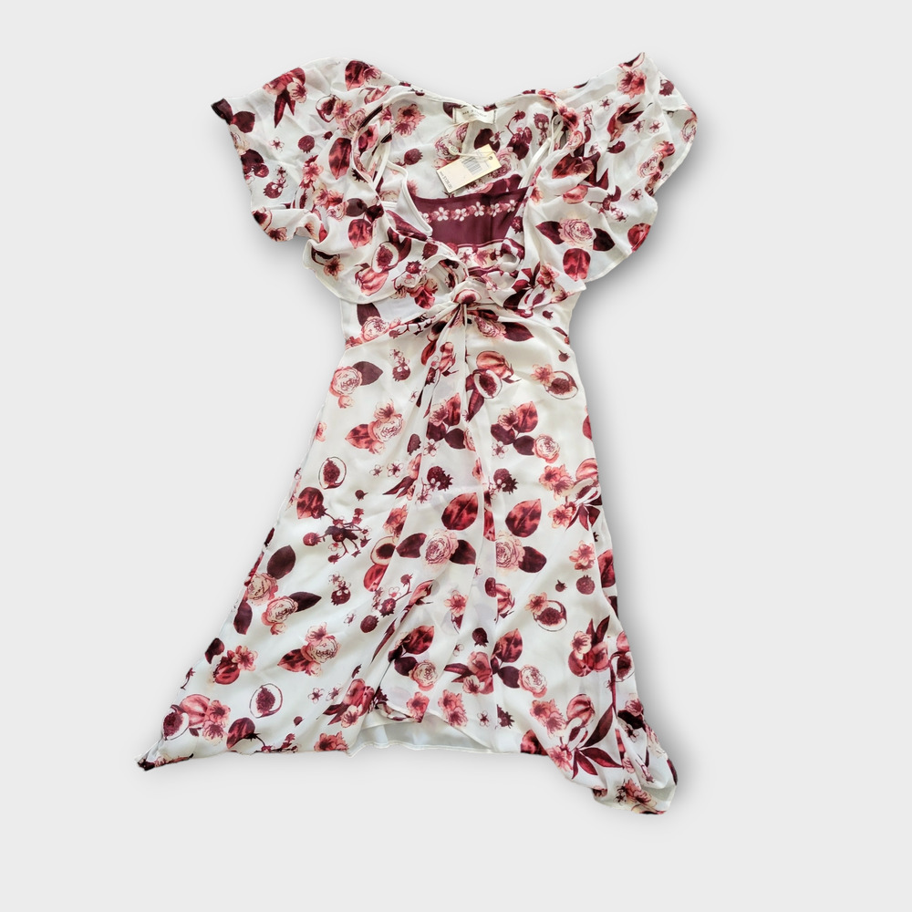 Max Studio London Floral-Print Ivory Burgundy Flounce Chiffon Dress Women Sz 0 - Picture 7 of 8